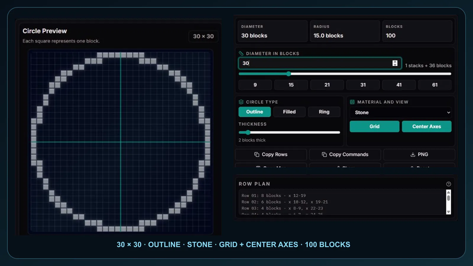 ClockTools Minecraft Circle Generator showing a verified 30×30 outline, 100-block count, and row plan