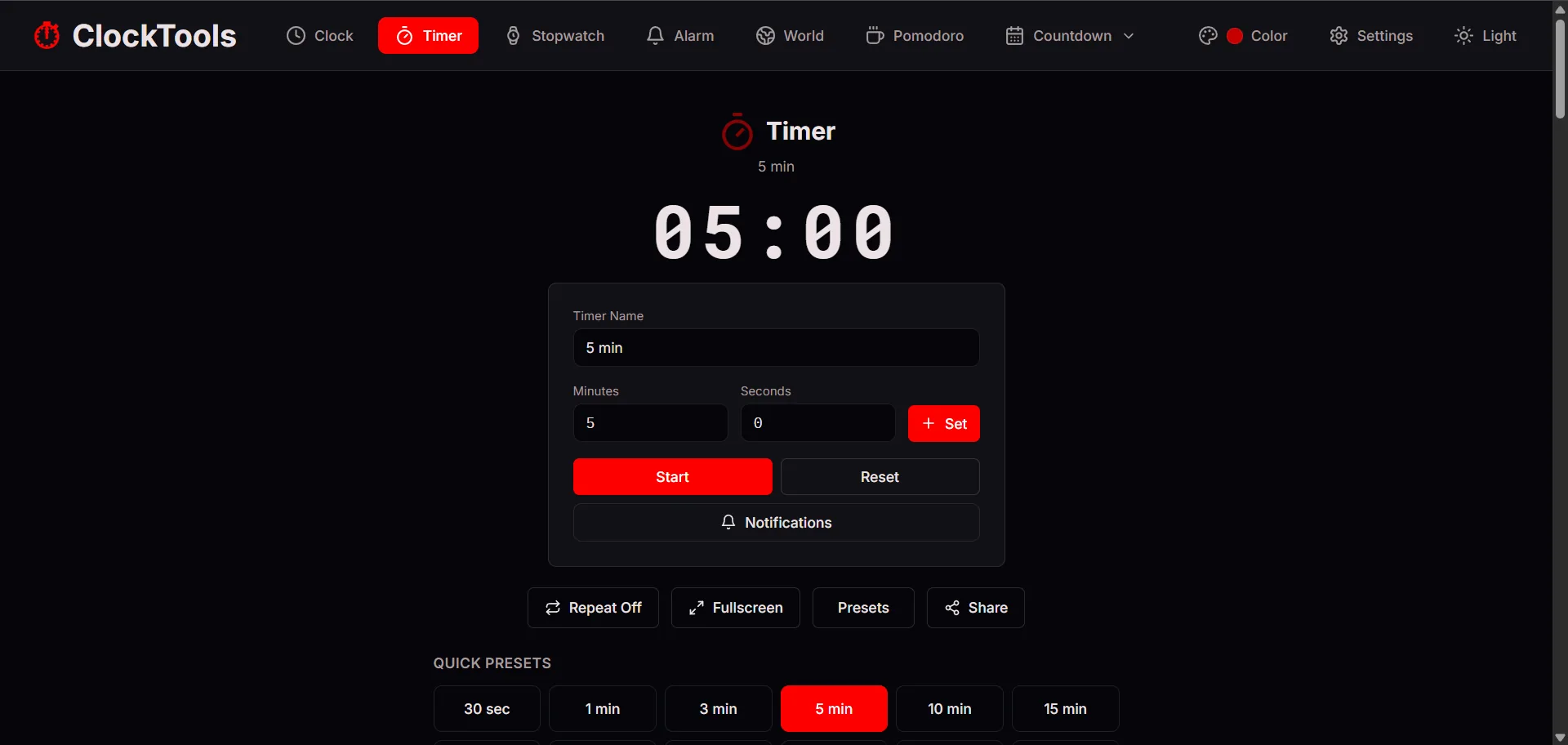 ClockTools timer prepared at five minutes with custom fields, Start, Reset, Notifications, Repeat, Fullscreen, Presets, and Share controls