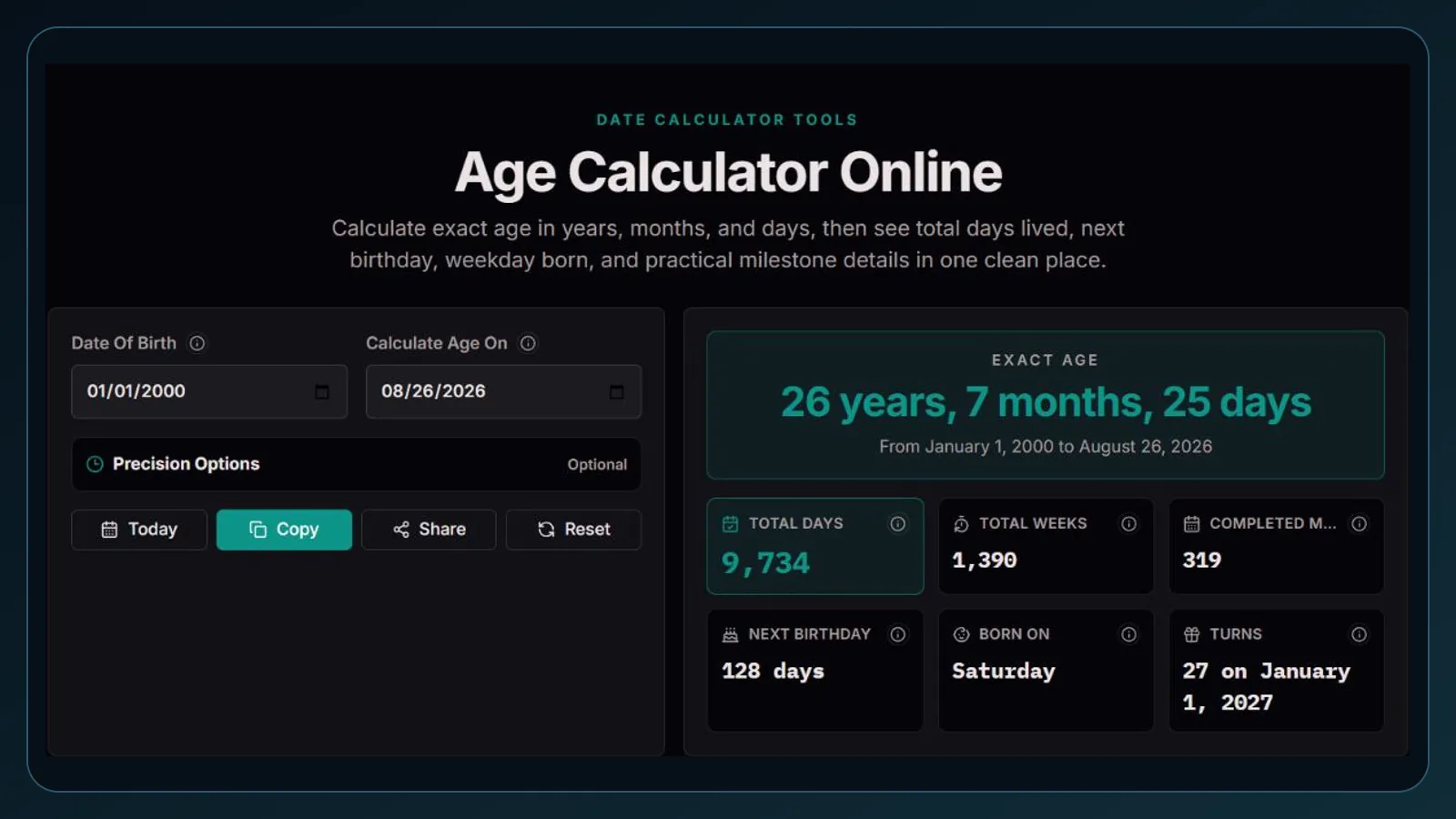 ClockTools Age Calculator example showing a completed-age result and a future birthday milestone