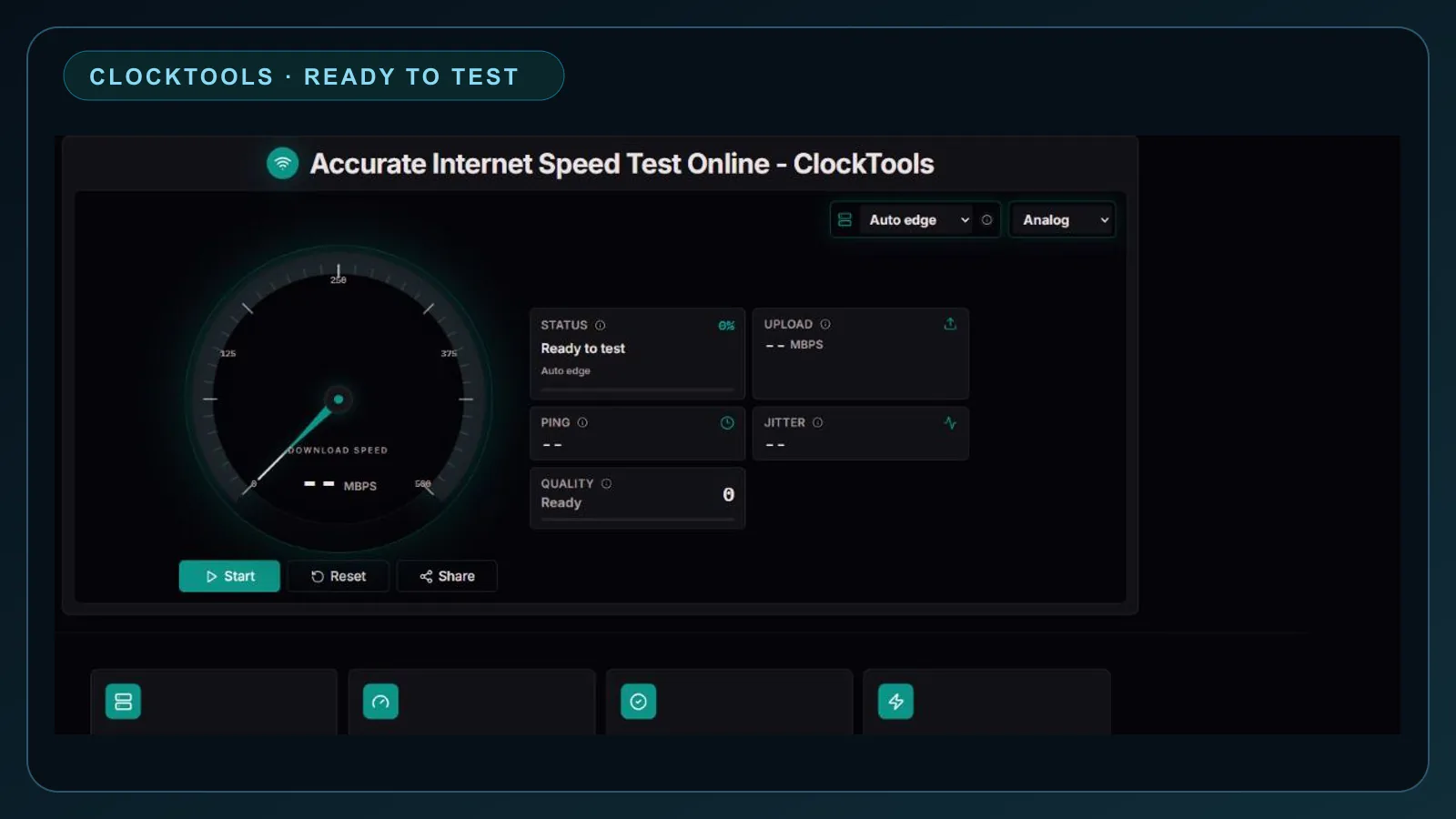 ClockTools Internet Speed Test ready screen before a test begins, with no connection result or personal network details shown