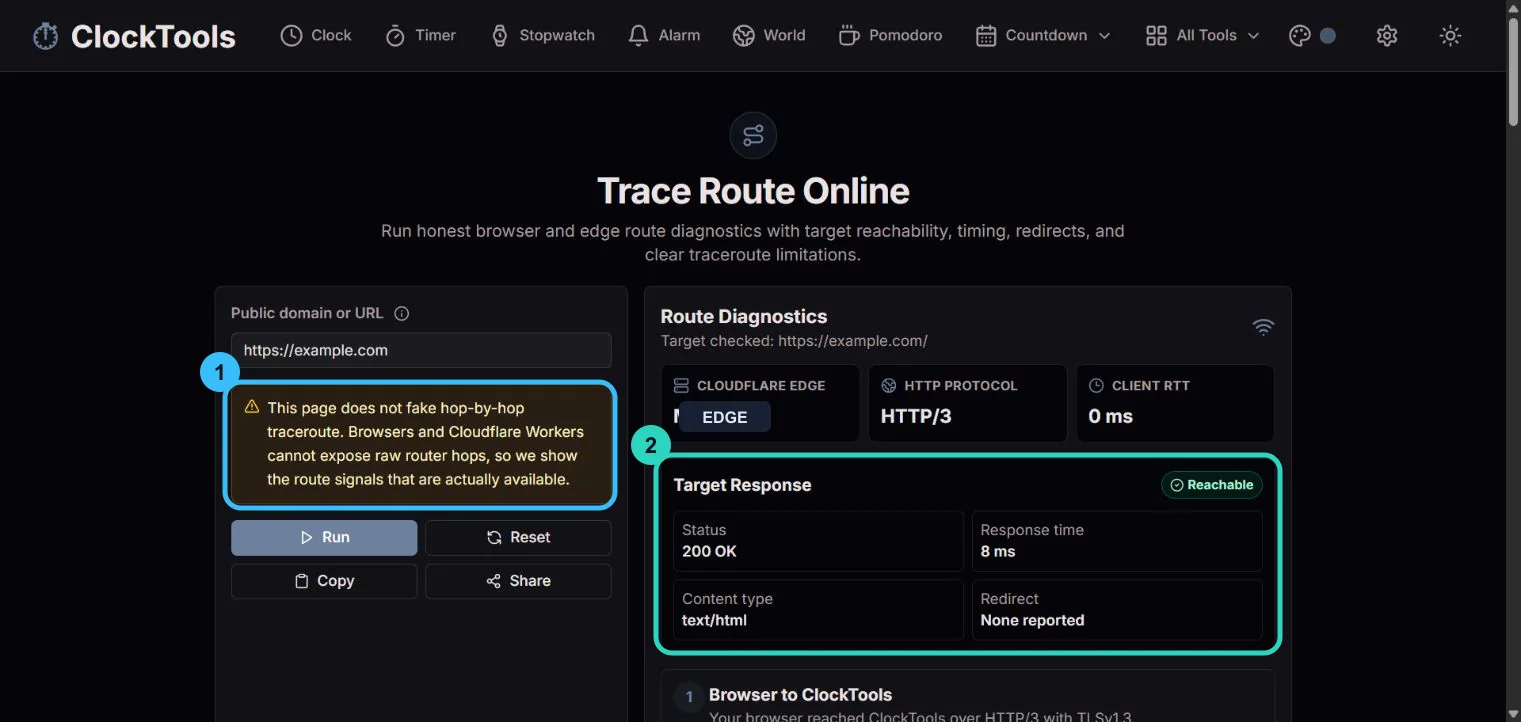 ClockTools Trace Route diagnostic using example.com, with the hop limitation and target response panels highlighted