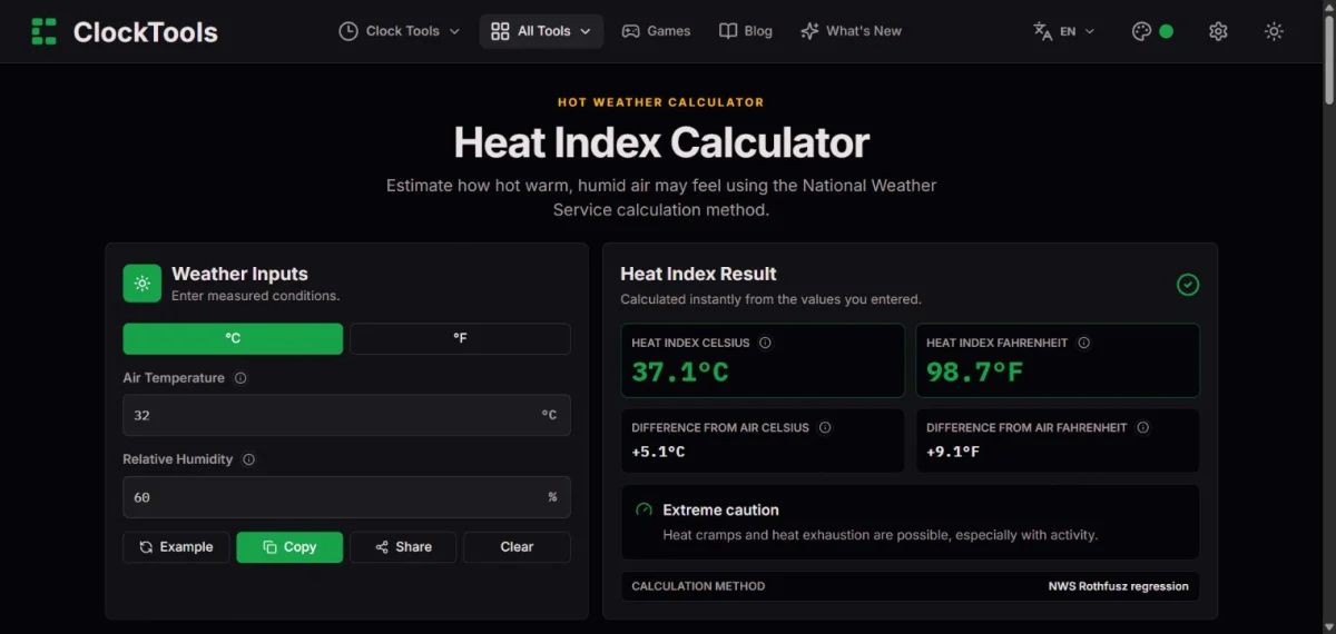 ClockTools Heat Index Calculator showing 32 C and 60 percent humidity