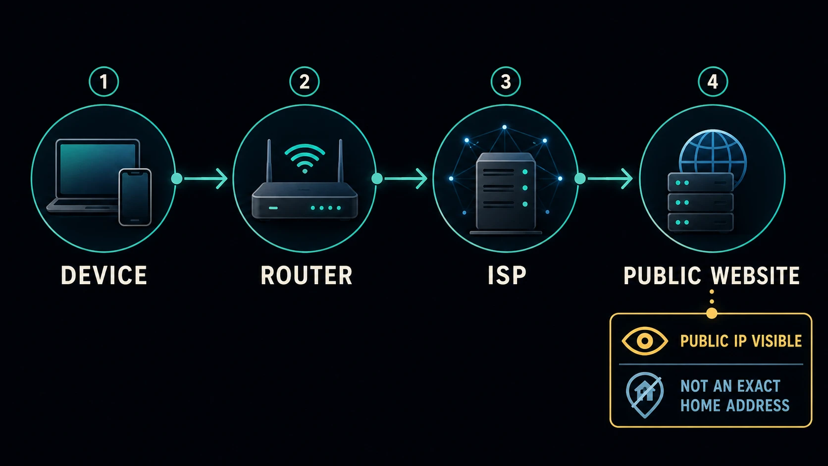 Request path from a device through a router and ISP to a public website, where the public IP is visible but not an exact home address