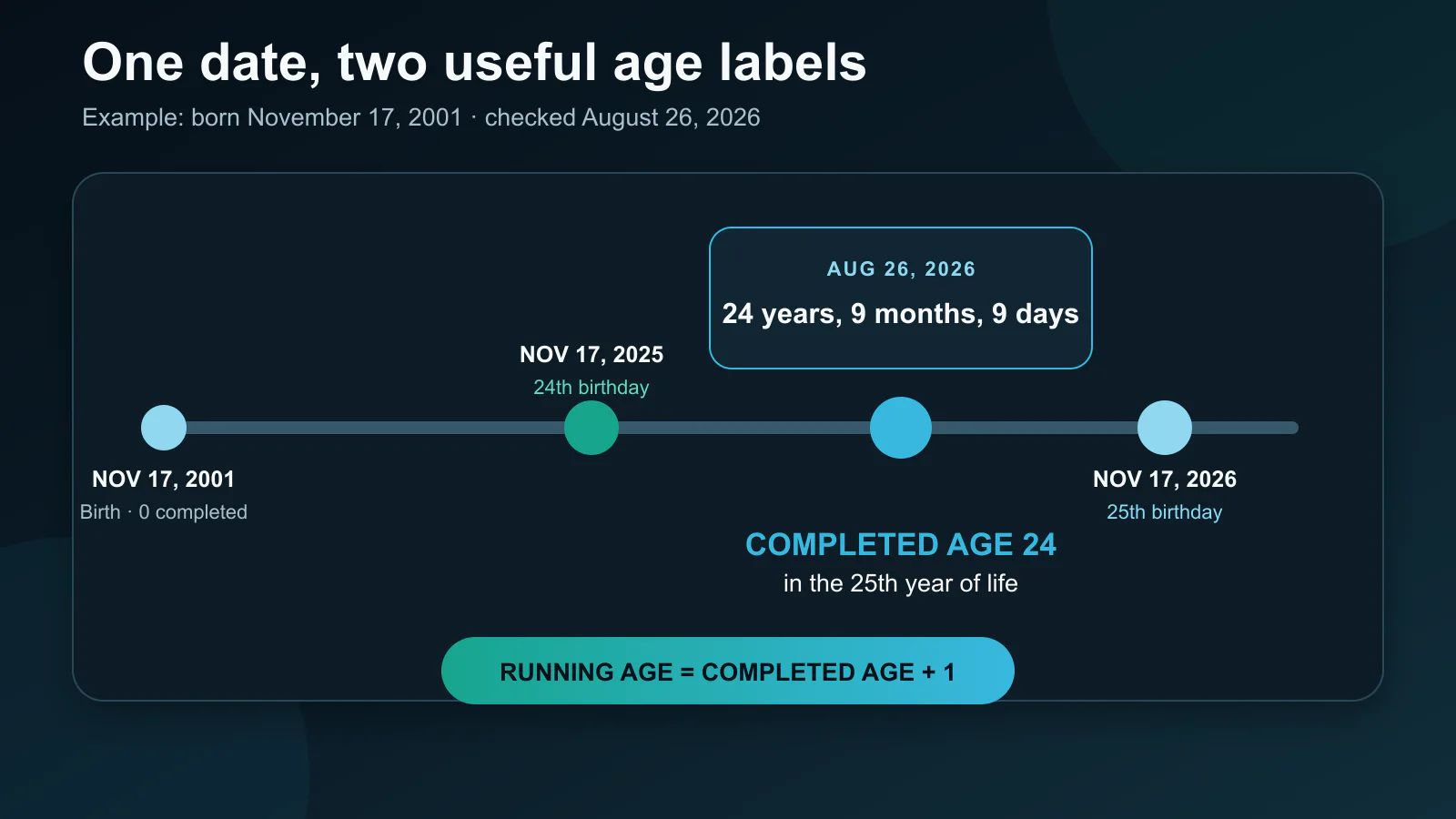 Timeline showing completed age 24 and the 25th year of life running between the 24th and 25th birthdays