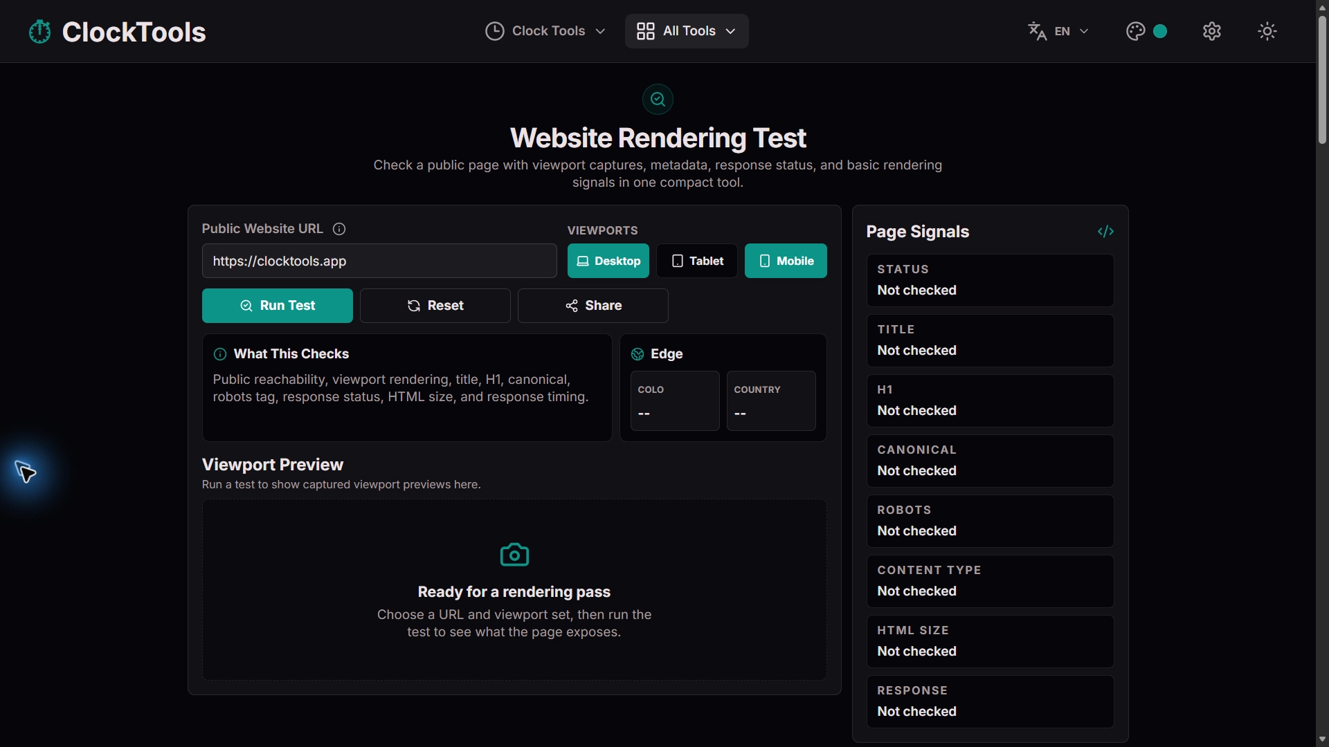 ClockTools Website Rendering Test with desktop and mobile viewport controls selected