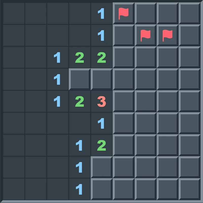 Classic grey Minesweeper board with coloured number clues and red flags